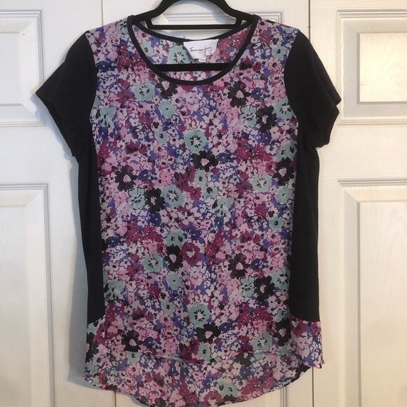TWO BY VINCE CAMUTO Medium Pink Blue Floral Short Sleeve High Low Blouse Pullove - Picture 1 of 5